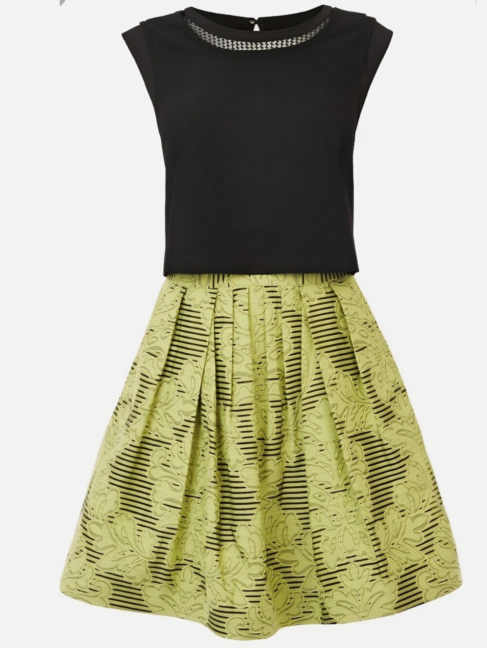 Karen Millen Black & Lime Green Jacquard Fit & Flare Dress